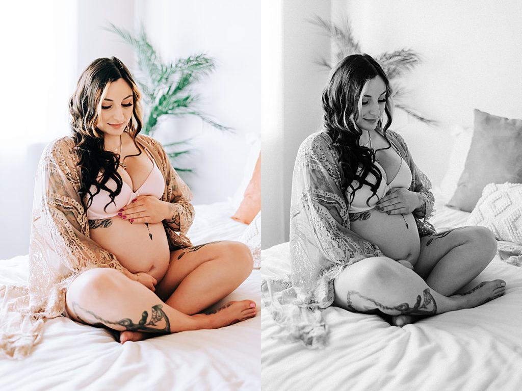 mom snuggling baby bump in color and black and white