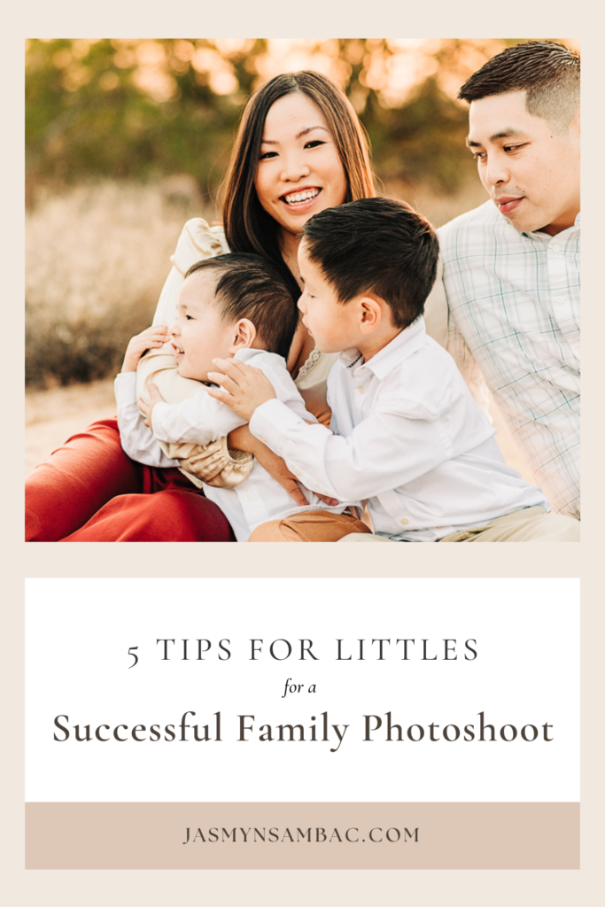 Graphic for pinterest showing family of 4 and 5 tips for littles