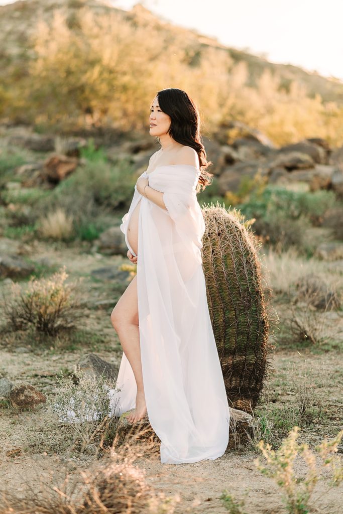 desert maternity photo with mom draped in white chiffon