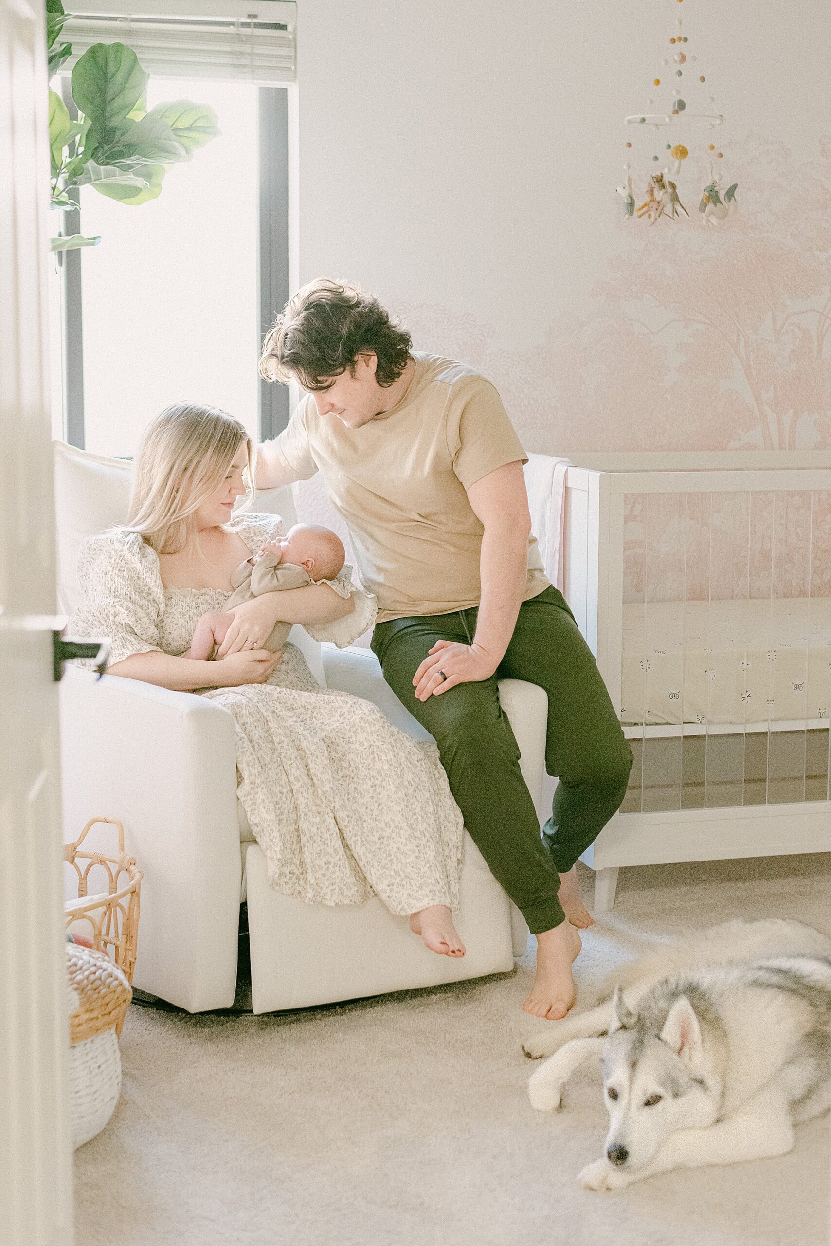 Mom and dad are sitting on rocker in blush and cream colored baby nursery while holding newborn. Siberian husky is laying on the floor looking at camera.