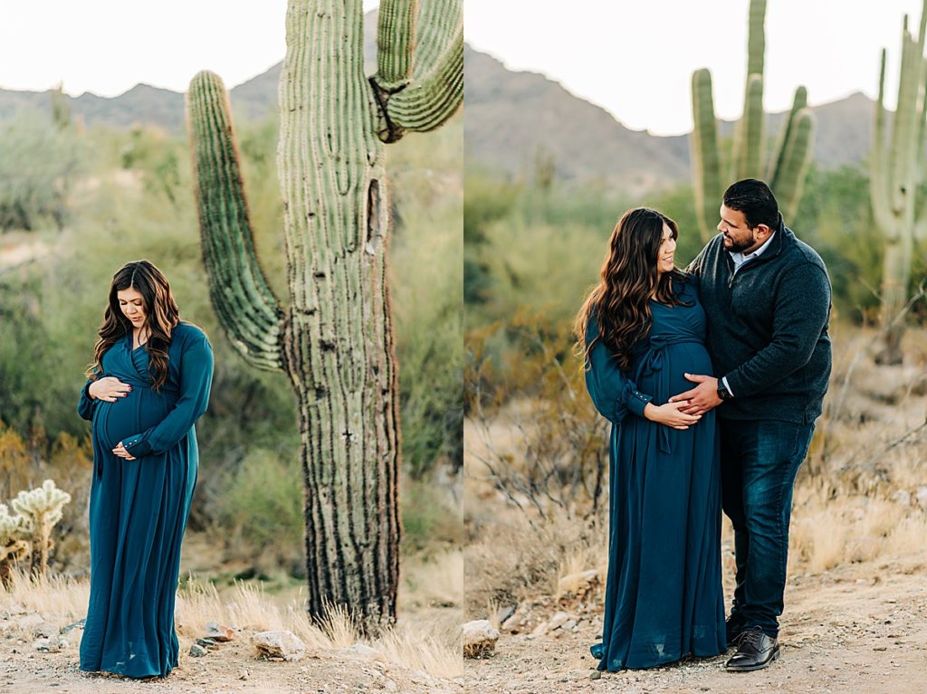couple holding baby bump during desert maternity photoshoot