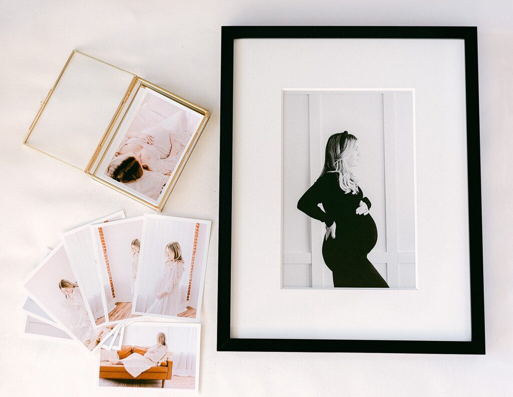 Collection of photographs and framed wall art of Scottsdale maternity photoshoot in studio