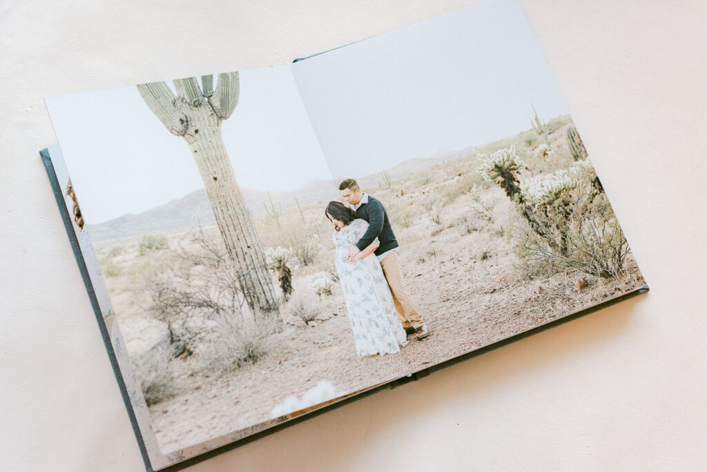 Heirloom Album full spread of desert maternity photoshoot