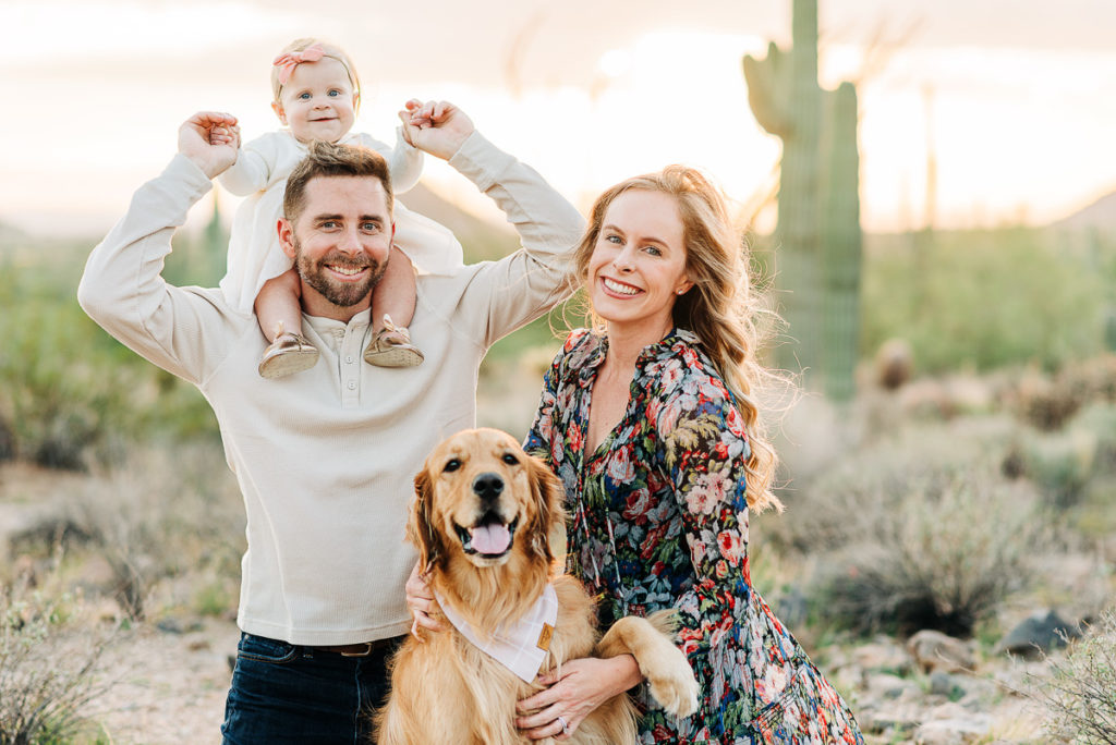 mom, dad, 6-month girl phoenix desert family photoshoot plus dog