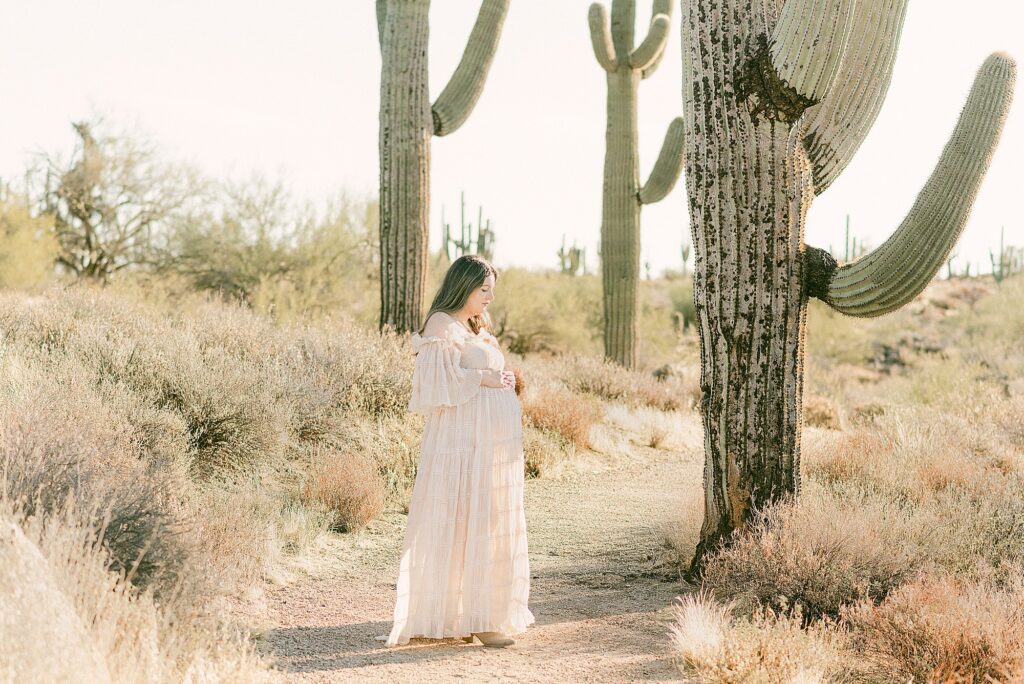 Pregnant woman posing in between saguaro cactus. She is wearing a sheer blush pink chiffon reclamation dress.