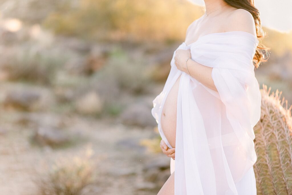2nd trimester belly draped in chiffon for desert maternity photos