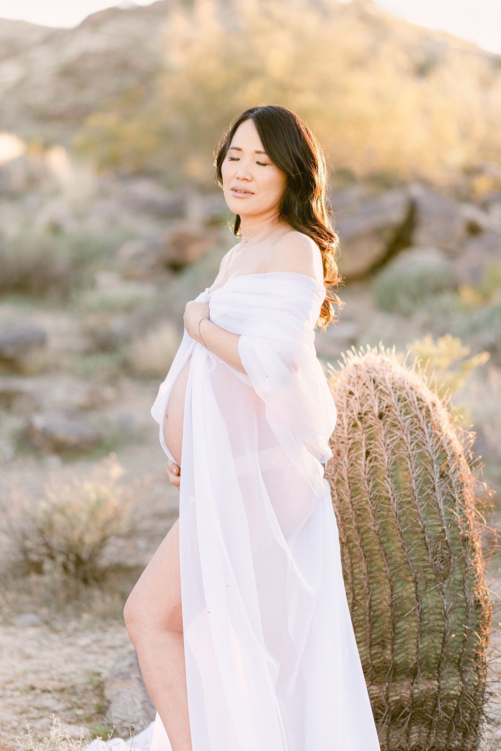 pregnacy boudoir photoshoot in desert with chiffon maternity draping fabric with bell exposed