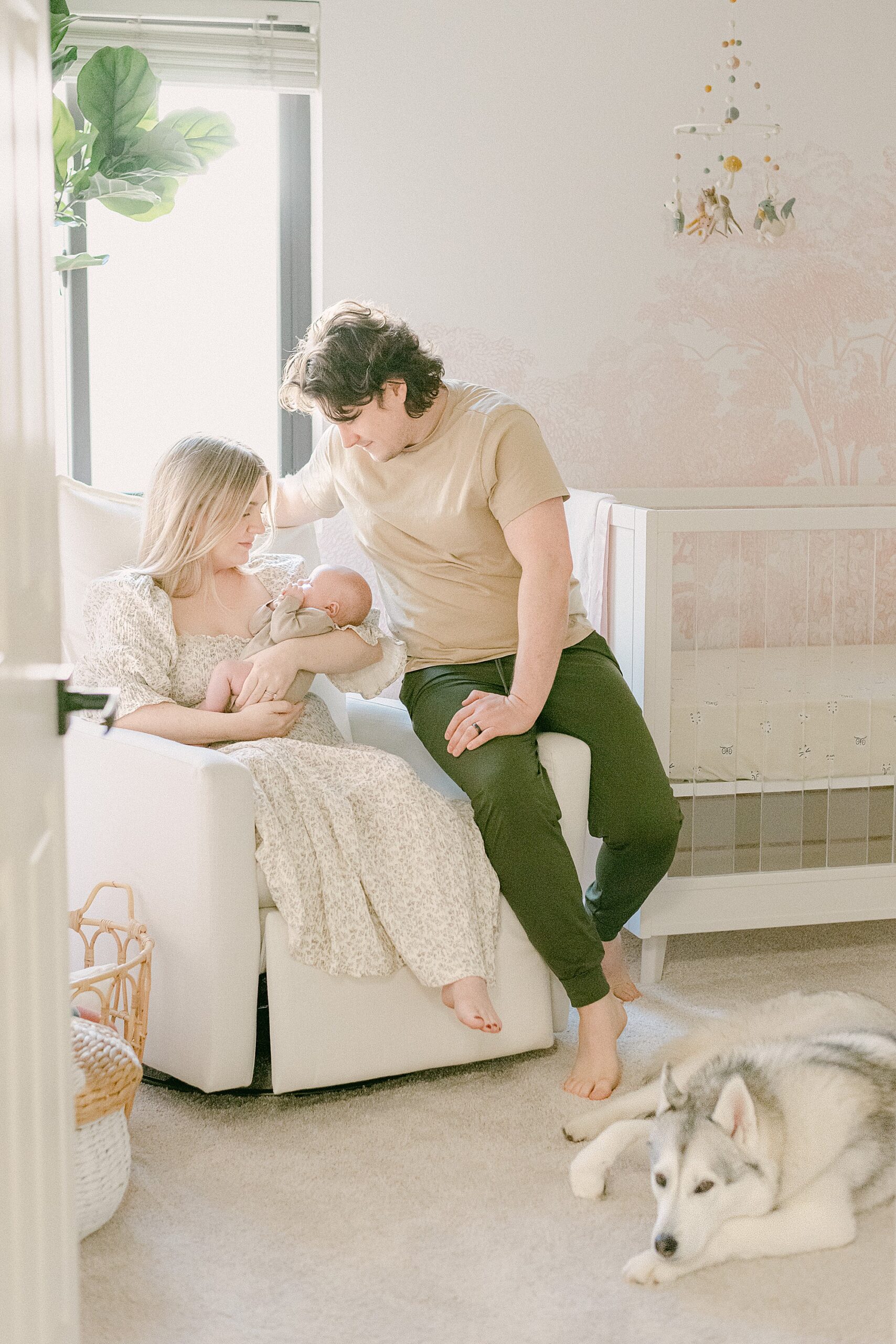 New parents in blush pink nursery sitting on rocking chair while mom holds baby. Siberian Husky is laying on the floor by their feet.