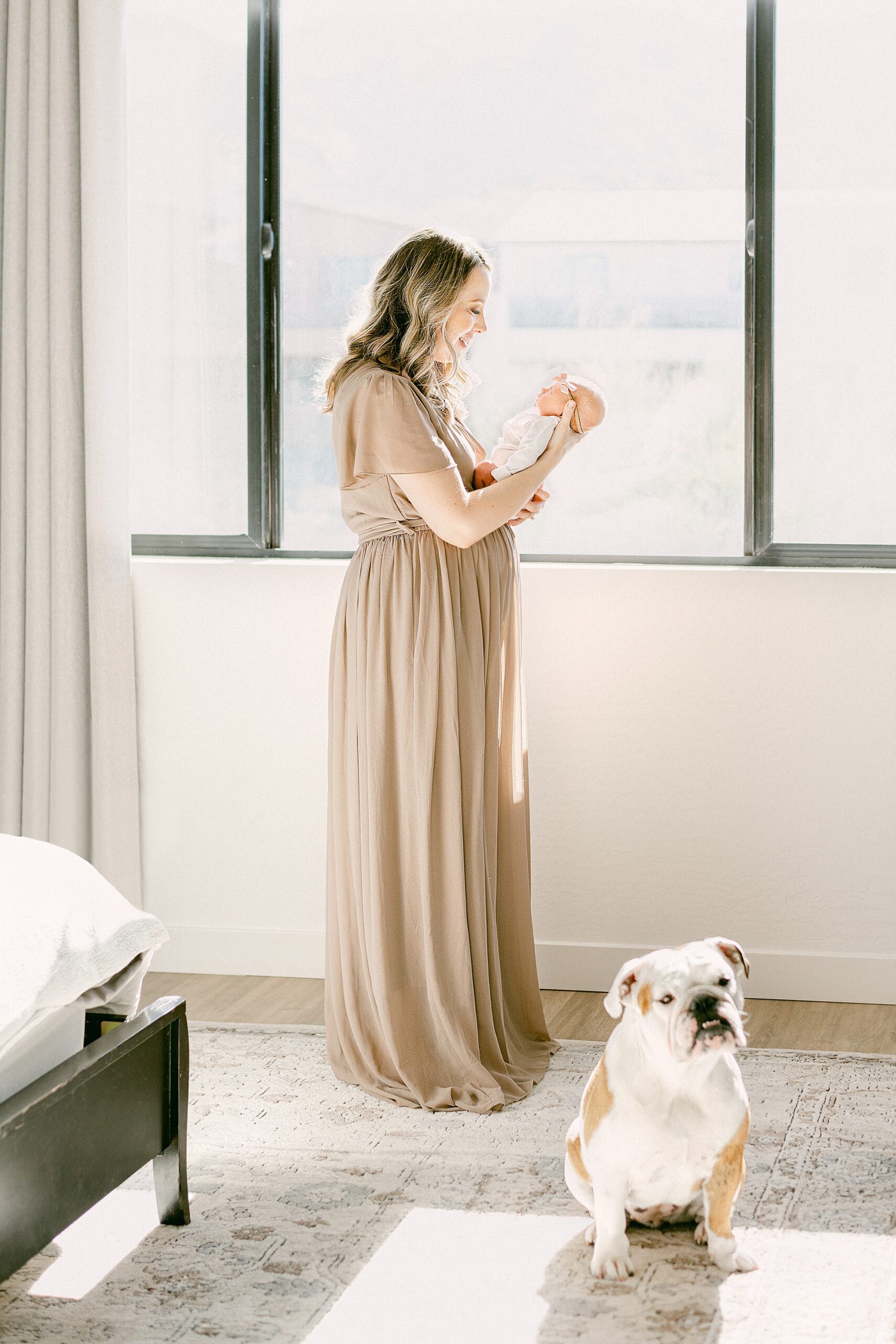 Gilbert Newborn photographer captures mom holding baby by window. English bulldog is at her feet looking at camera