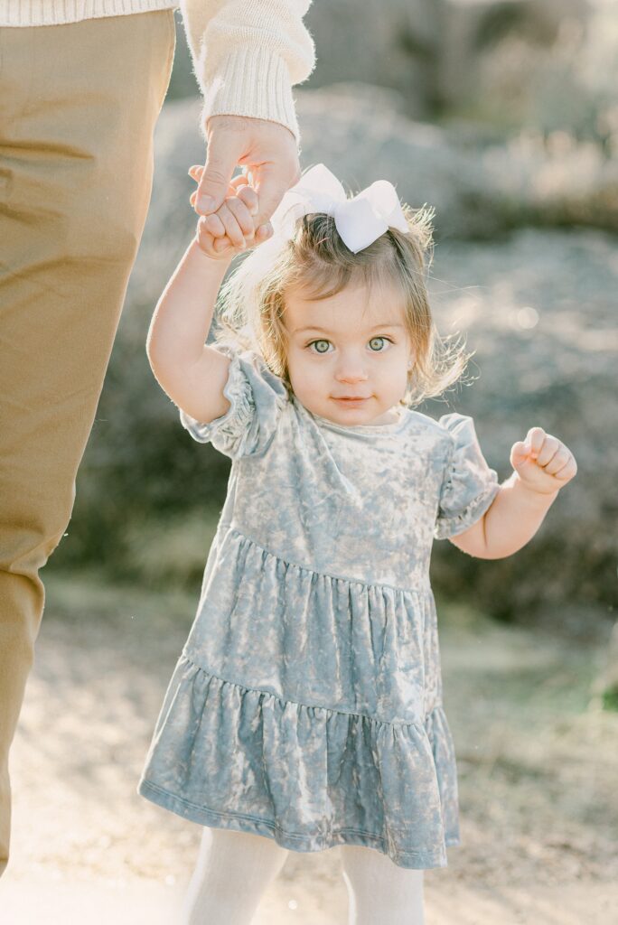 Toddler girl wearing blue velvet dress with white knit tights for fall family photos