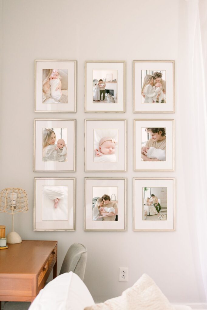 Modern gallery wall idea consisting of 9 frames from a lifestyle newborn session