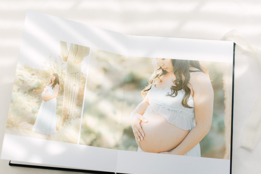 maternity photoshoot in phoenix desert documented through heirloom photo album with two images in layout
